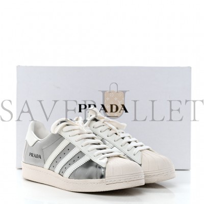 PRADA X ADIDAS BRUSHED CALFSKIN LOGO MENS SUPERSTAR SNEAKERS 6 SILVER WHITE PRADA X ADIDAS BRUSHED CALFSKIN LOGO MENS SUPERSTAR SNEAKERS 6 SILVER WHITE