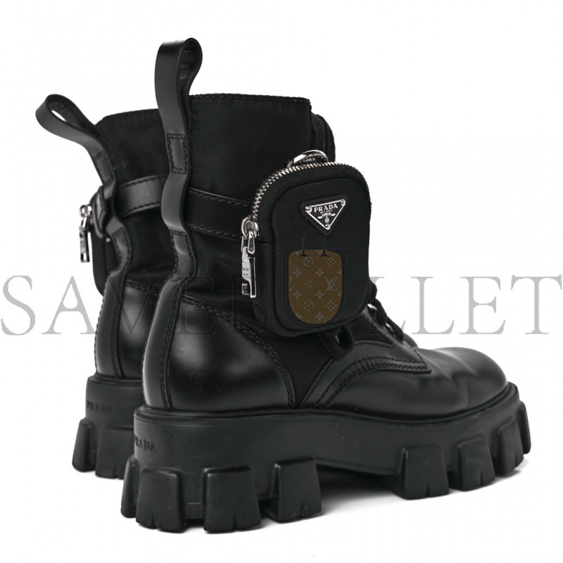 PRADA SPAZZOLATO ROIS RE-NYLON METAL TRIANGLE LOGO MONOLITH POUCH POCKET 55MM BOOTS 6 BLACK
