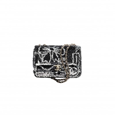 CHANEL MASTER FLAP BAG SEQUINS & GOLD-TONE METAL BLACK & WHITE AS4561 (21*14*8cm)