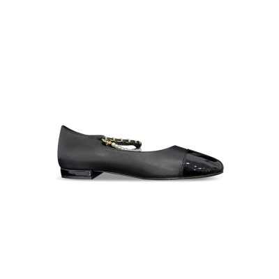 CHANEL MARY JANE PEARLS & METAL BLACK FLATS G46718