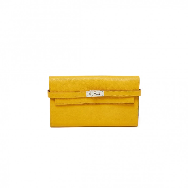 HERMES JAUNE EPSOM LEATHER KELLY LONGUE WALLET PALLADIUM HARDWARE (20*12*2cm)
