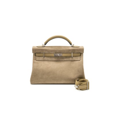 HERMES MAXI KELLY 42 GRIS CAILLOU GRIZZLY SUEDE AND BEIGE MARFA SWIFT (42*27*17cm)