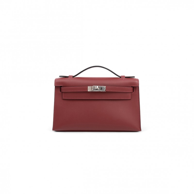 HERMRE KELLY POCHETTE ROUGE H SWIFT PALLADIUM HARDWARE (22*14*7cm)