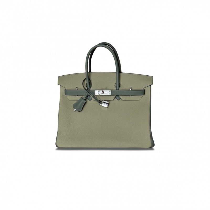 HERMES BIRKIN 35 TOGO LEATHER ALMOND GREEN WITH SAGE GREEN AND SILVER BUCKLE HORSESHOE PRINT 2160900307918 (35*28*18cm)
