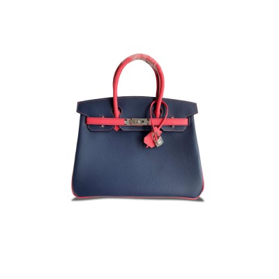 HERMES BIRKIN 30 EPSOM DARK BLUE LIPSTICK PINK SILVER BUCKLE 91314626193 (30*23*15cm)