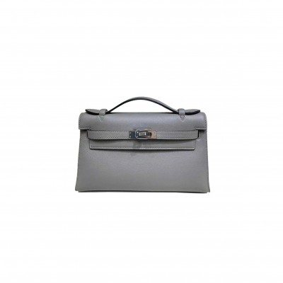 HERMÈS KELLY POCHETTE SWIFT CUMULONIMBUS GRAY SILVER BUCKLE (22*14*7cm) 
