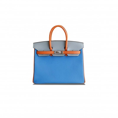 HERMES MASTER BIRKIN 25 EPSOM WATER BLUE GLACIER GREY AND ORANGE WITH SILVER BUCKLE BAG H028362CC02 (25*18*13cm)