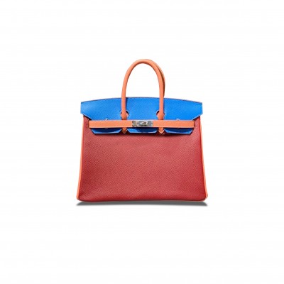 HERMES MASTER BIRKIN 25 EPSOM RUBY RED LOBSTER PINK NYLON BLUE SILVER BUCKLE BAG H028362CC08 (25*18*13cm)