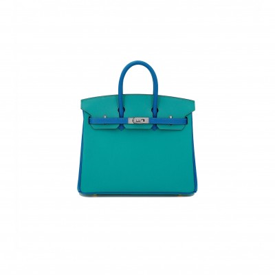 HERMÈS MASTER BIRKIN 25 EPSOM MALACHITE GREEN AND WATER FAIRY BLUE SILVER BUCKLE BAG H028369CK73 (25*18*13cm)