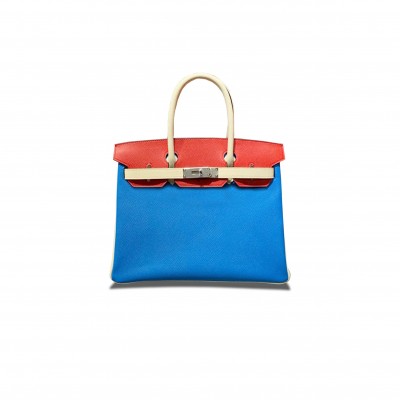 HERMES MASTER BIRKIN 30 EPSOM WATER FAIRY BLUE WITH RED AND MILKSHAKE WHITE WITH SILVER BUCKLE H028362CC09 (30*23*15cm) HERMES MASTER BIRKIN 30 EPSOM WATER FAIRY BLUE WITH RED AND MILKSHAKE WHITE WITH SILVER BUCKLE H028362CC09 (30*23*15cm)