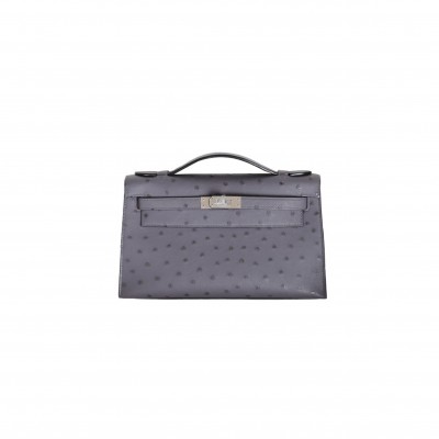 HERMÈS MASTER AGATEGRIS OSTRICH KELLY POCHETTE WITH PHW (22*14*7cm) HERMÈS MASTER AGATEGRIS OSTRICH KELLY POCHETTE WITH PHW (22*14*7cm)