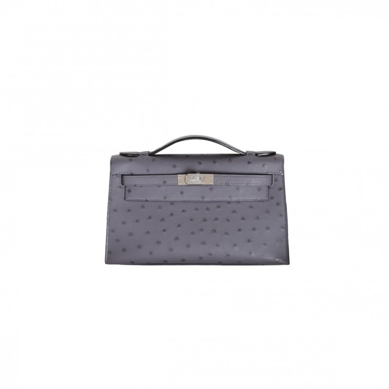 HERMÈS MASTER AGATEGRIS OSTRICH KELLY POCHETTE WITH PHW (22*14*7cm) 