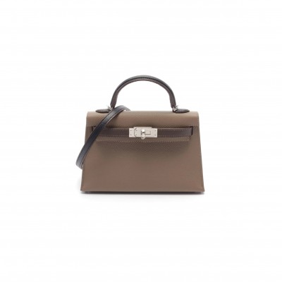 HERMÈS MINI KELLY II TRICOLOR ETOUPE ECORSE HANDBAG VEAU EPSOM GRAY BROWN BLACK SILVER HARDWARE OUTSIDE  (19*12*5.5cm) 