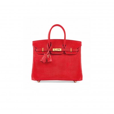 HERMÈS MASTER BIRKIN 25 LIZARD LEATHER FLAG RED GOLD BUCKLE H028352CA14 (25*20*13cm)