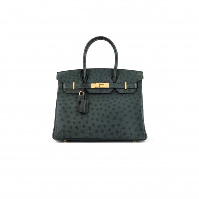 HERMÈS MASTER BIRKIN 25 OSTRICH VERT CYPRES GOLD BUCKLE H041944CK79 (25*20*13cm)