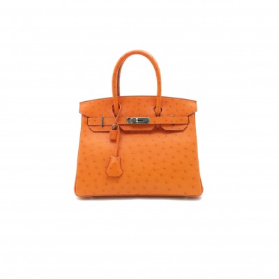HERMÈS MASTER BIRKIN 25 OSTRICH LEATHER ORANGE SILVER BUCKLE H041944CK73 (25*20*13cm)