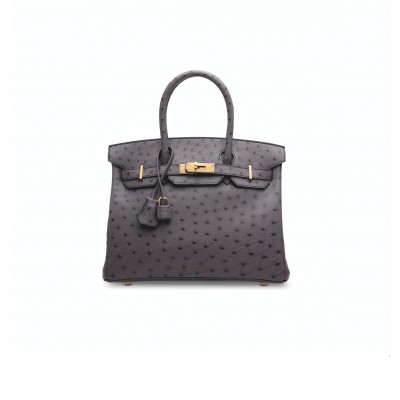 HERMÈS MASTER BIRKIN 30 OSTRICH LEATHER PEWTER GREY GOLD BUCKLE H041933CK79 (30*22*16cm)