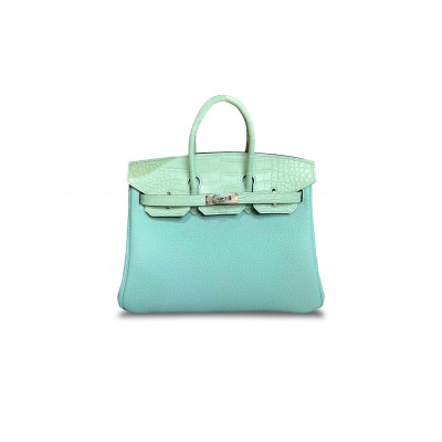 HERMÈS MASTER BIRKIN 25 CROCODILE AND TOGO LEATHER MACAROON BLUE SILVER BUCKLE H076216CK13 (25*20*13cm)