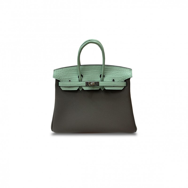 HERMÈS MASTER BIRKIN 25 CROCODILE AND TOGO LEATHER AVOCADO GREEN AND PEWTER GREY SILVER BUCKLE H076216CKBL (25*20*13cm)