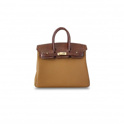 HERMÈS MASTER BIRKIN 25 CROCODILE AND TOGO LEATHER TOBACCO CAMEL GOLD BUCKLE H076216CK31 (25*20*13cm)