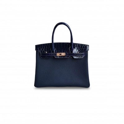HERMÈS MASTER BIRKIN 30 CROCODILE AND TOGO LEATHER SAPPHIRE BLUE GOLD BUCKLE H076235CK25 (30*22*16cm)