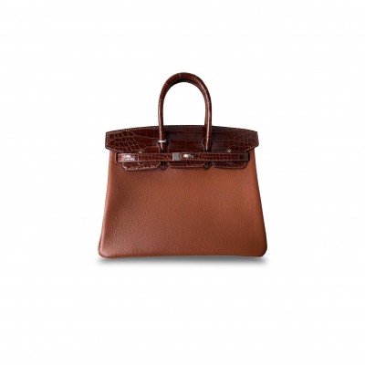 HERMÈS MASTER BIRKIN 30 CROCODILE AND CHEVRE HONEY BROWN SILVER BUCKLE H076235CK26 (30*22*16cm)