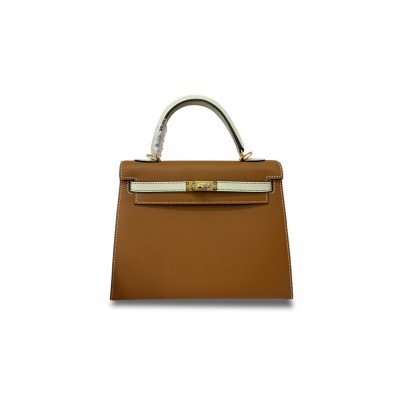HERMÈS KELLY 25 EPSOM GOLDEN BROWN MILKSHAKE PLATINUM BUCKLE (25*17*7cm) 