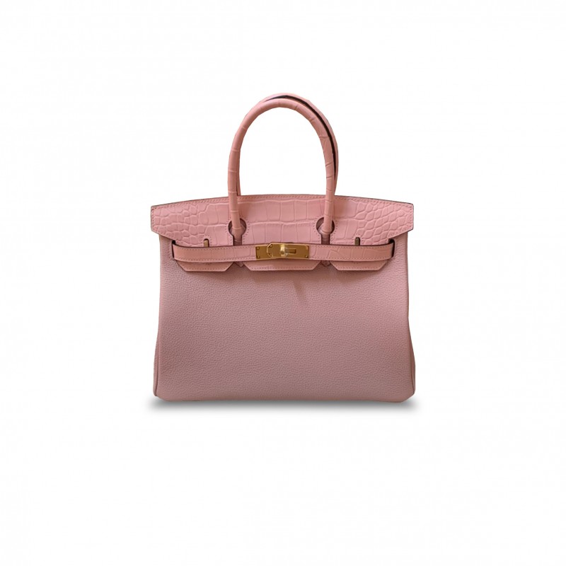 HERMÈS MASTER  BIRKIN 30 MATTE CROCODILE AND TOGO LEATHER SAKURA PINK GOLD BUCKLE H076235CK34 (30*22*16cm)