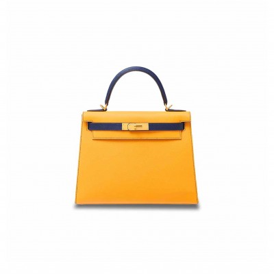 HERMÈS KELLY 28 EPSOM SUN YELLOW LIGHT BLUE GOLD BUCKLE (28*22*10cm) 