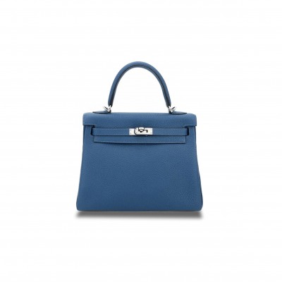 HERMÈS KELLY 25 DARK BLUE TOGO CALFSKIN SILVER BUCKLE (25*17*7cm) 