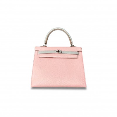 HERMÈS MASTER KELLY 25 CHEVRE 3Q PINK WITH PEARL GRAY SILVER BUCKLE (25*17*7cm) 