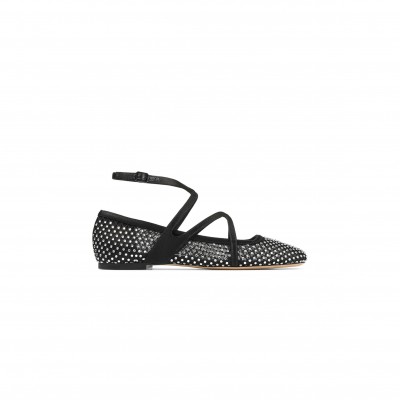 JIMMY CHOO ASTORIA FLAT BLACK SATIN CRYSTAL FLATS ASTORIAFLATQHS