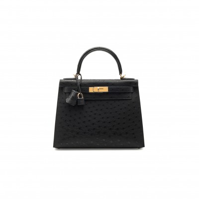 HERMÈS MASTER A BLACK OSTRICH KELLY 25 WITH GOLD HARDWARE (25*17*7cm) 