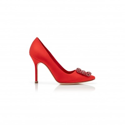 MANOLO BLAHNIK HANGISI RED RED SATIN JEWEL BUCKLE PUMPS 422-1409-0001