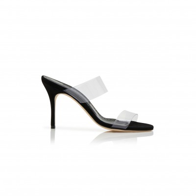 MANOLO BLAHNIK SCOLTO BLACK SUEDE AND ECO PVC OPEN TOE MULES 219-0180-0006