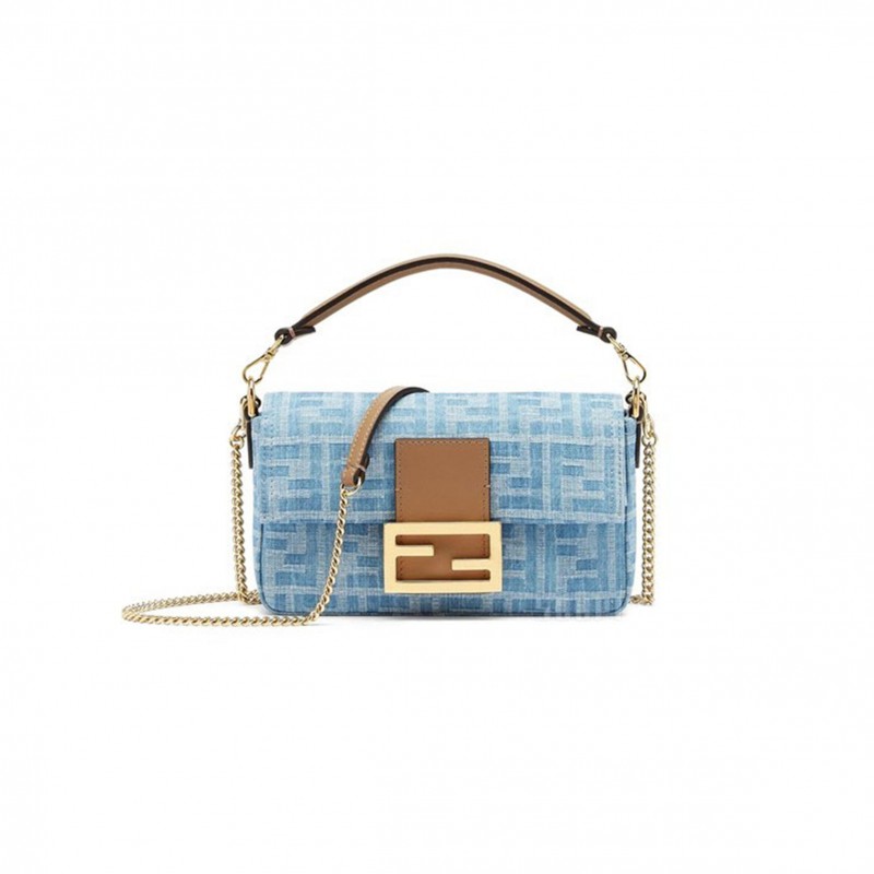 FENDI BAGUETTE MINI BAG LIGHT BLUE FF DENIM HANDBAG 8BS017AS3FF1PLM (19.5*11*5cm)