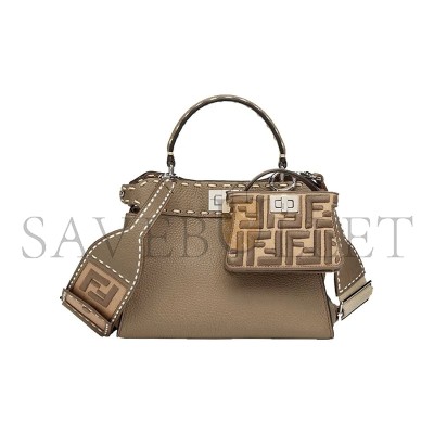 FENDI CANVAS VITELLO VOLANATO FF EMBROIDERED PICO PEEKABOO CHARM SAND TARTUFO 7AR993AHWGF1F2U (13*10*5cm) FENDI CANVAS VITELLO VOLANATO FF EMBROIDERED PICO PEEKABOO CHARM SAND TARTUFO 7AR993AHWGF1F2U (13*10*5cm)