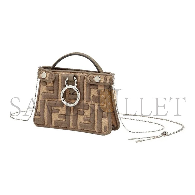FENDI CANVAS VITELLO VOLANATO FF EMBROIDERED PICO PEEKABOO CHARM SAND TARTUFO 7AR993AHWGF1F2U (13*10*5cm)