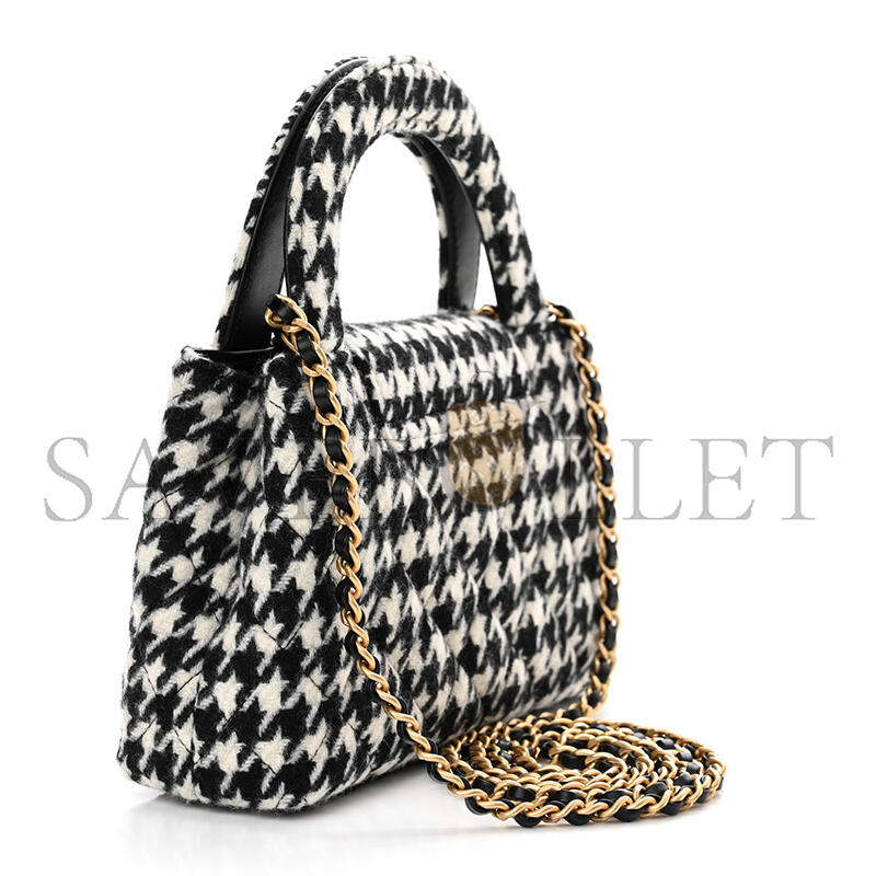 CHANEL MASTER TWEED HOUNDSTOOTH QUILTED NANO KELLY SHOPPER BLACK WHITE AS4416 (19*13*7cm)