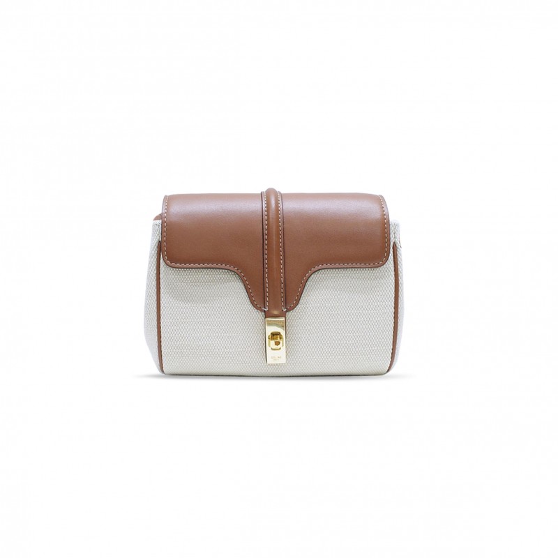 CELINE MINI SHOULDER BAG IN SOFT16 CANVAS AND CALFSKIN 10L352DE1. 27KH (18*12.5*6cm)