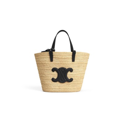 CELINE TEEN SUPPLE CELINE CLASSIC PANIER IN RAFFIA AND CALFSKIN 115802FF7.04LF (22*21.5*13cm)