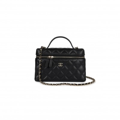 CHANEL CC TOP HANDLE LONG VANITY CASE WITH CHAIN BLACK SHINY CAVIAR LIGHT GOLD HARDWARE 1109942 (19.5*17*5cm)