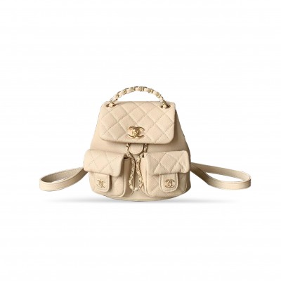 CHANEL MASTER SMALL SHINY CAVIAR QUILTED DUMA POCKETS DRAWSTRING BACKPACK MILK TEA COLOR 129220 (17.5*16.5*10cm)