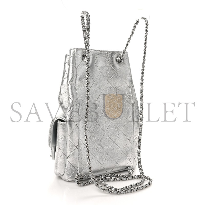 CHANEL METALLIC LAMBSKIN QUILTED DOUBLE POCKET BACKPACK SILVERY AS5310 (24*18*8cm)