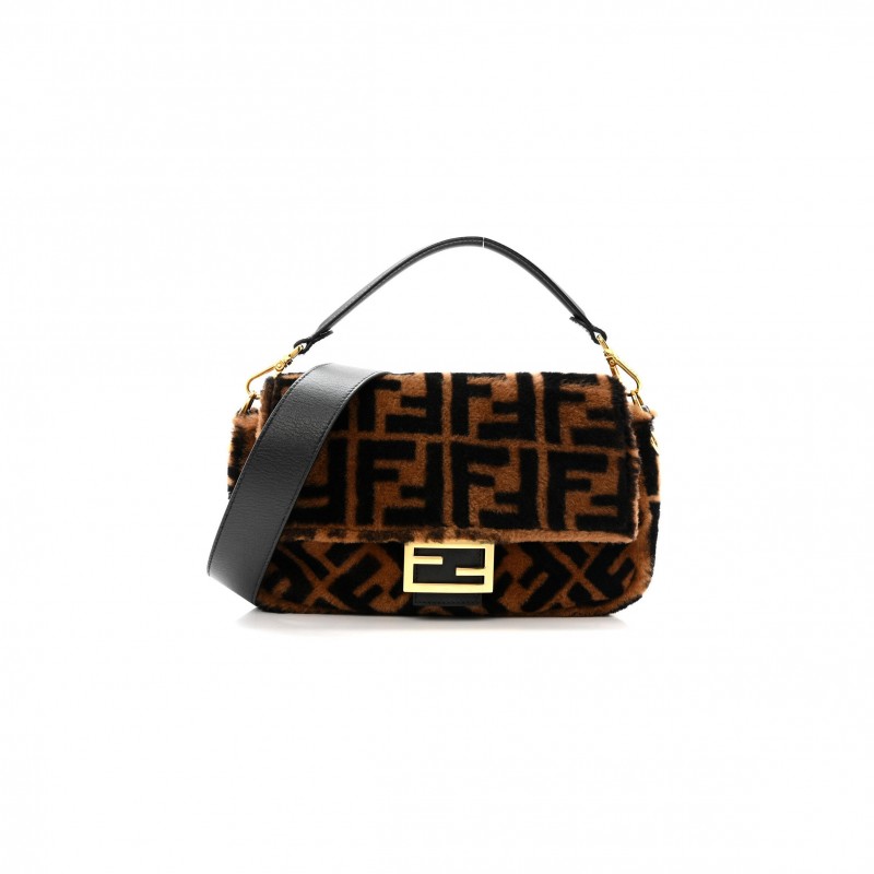 FENDI SHEARLING VITELLO DOLCE MACRO FF 1974 BAGUETTE TOBACCO BLACK (27*15*6cm)