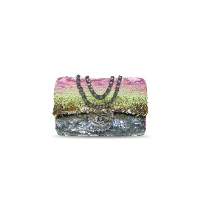 CHANEL MASTER PINK GREEN SILVER SEQUINS MINI FLAP BAG (20*14*5cm) 