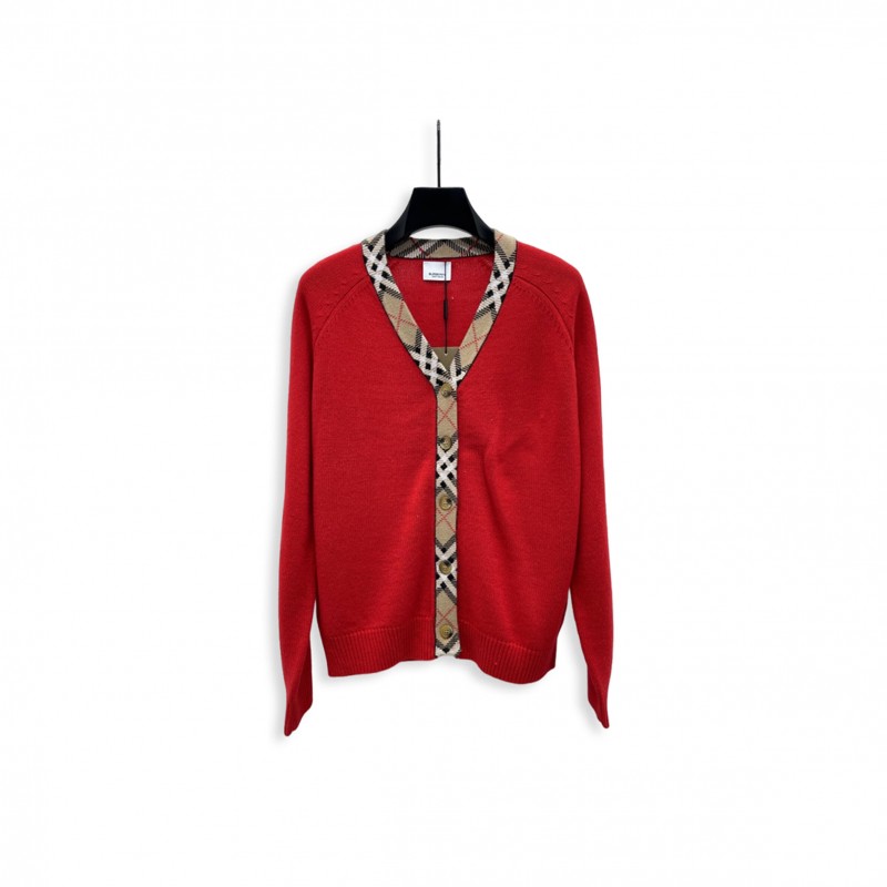 BURBERRY CHECKERED TRIM WOOL CARDIGAN 