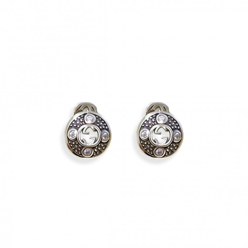 GUCCI DOUBLE C SILVER ROUND BUTTON EARRINGS 