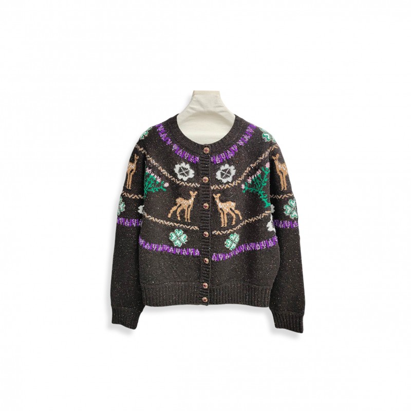 CHANEL CARDIGAN LONG SLEEVE REINDEER CLOVER TWEED BROWN CASHMERE 