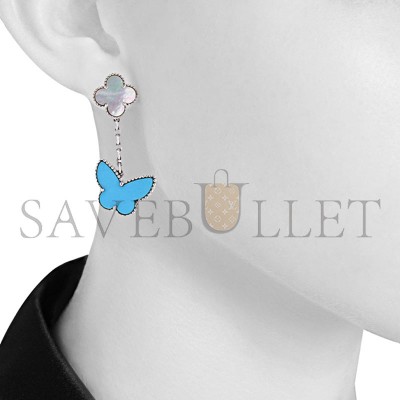 VAN CLEEF ARPELS LUCKY ALHAMBRA PENDANTS EARRINGS IN WHITE GOLD, MOTHER OF PEARL AND TURQUOISE 